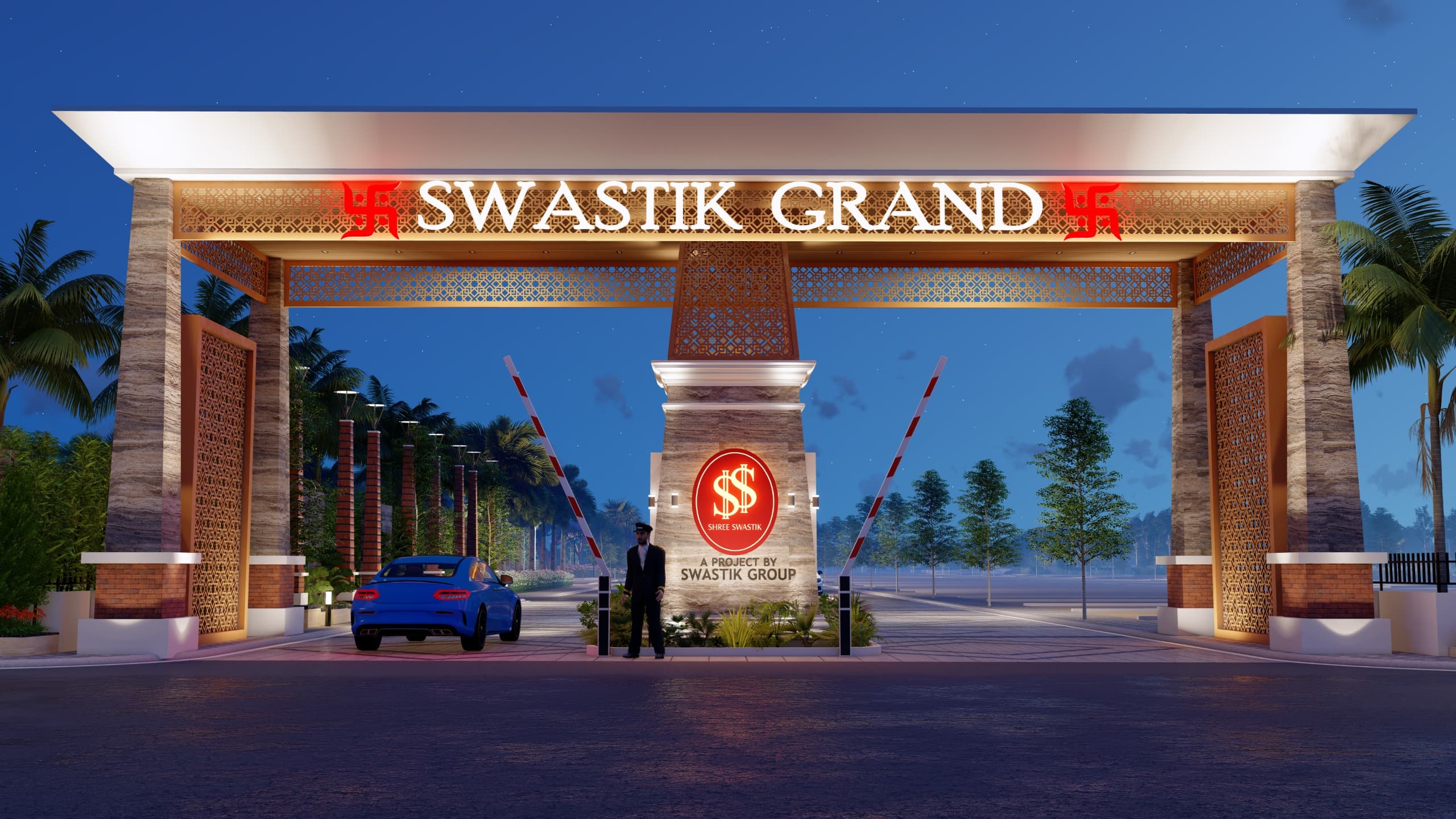 Swastik Grand grand entrance at twilight